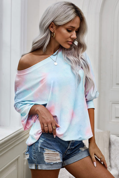 Tie-Dye Boat Neck Batwing Sleeve Tee-Teresa&#39;s Fashionista LLC