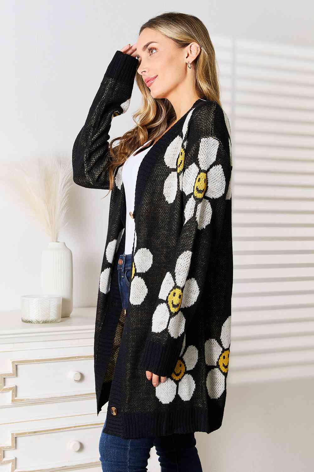 Double Take Floral Button Down Longline Cardigan-Teresa&#39;s Fashionista LLC