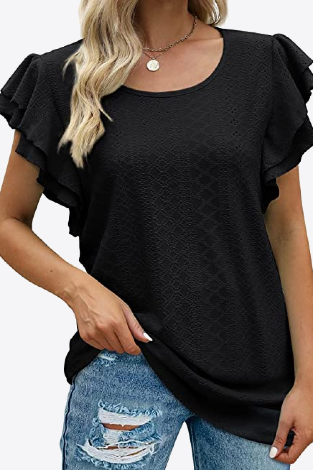 Round Neck Layered Flutter Sleeve Blouse-Teresa&#39;s Fashionista LLC