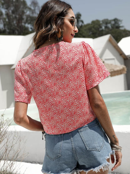 Floral Drawstring Deep V Cropped Blouse-Teresa&#39;s Fashionista LLC