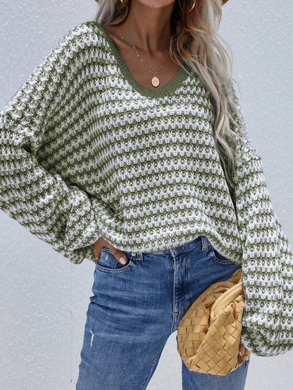 Striped Drop Shoulder V-Neck Pullover Sweater-Teresa&#39;s Fashionista LLC