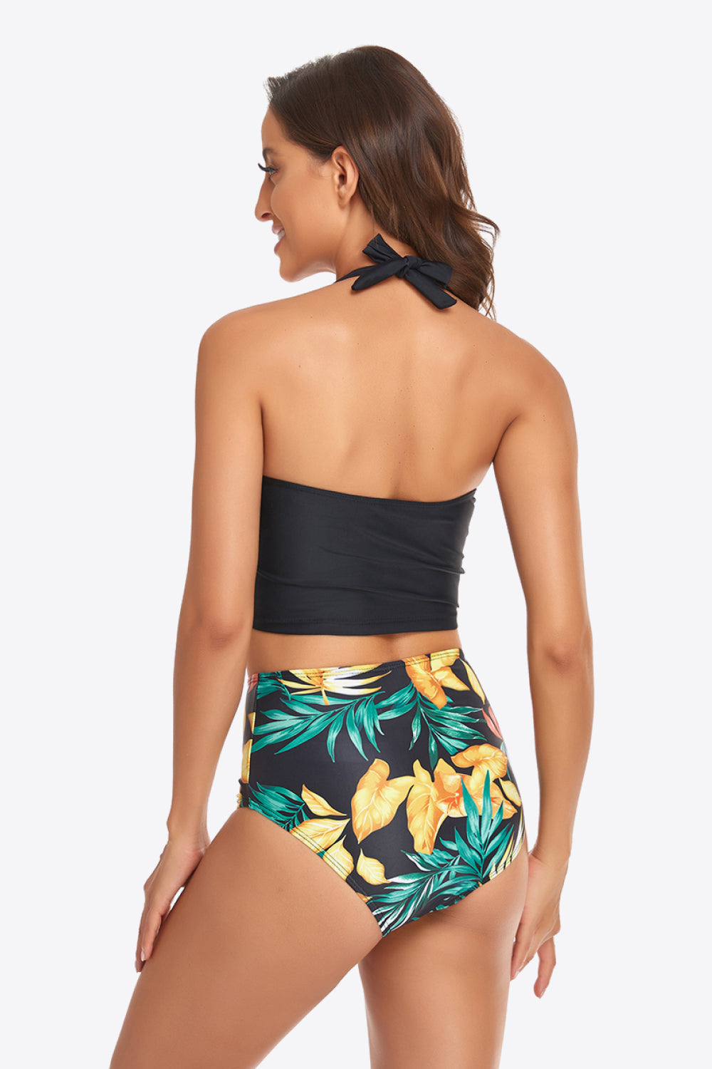 Botanical Print Halter Neck Drawstring Detail Bikini Set-Teresa&#39;s Fashionista LLC