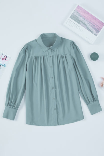 Gathered Detail Puff Sleeve Shirt-Teresa&#39;s Fashionista LLC