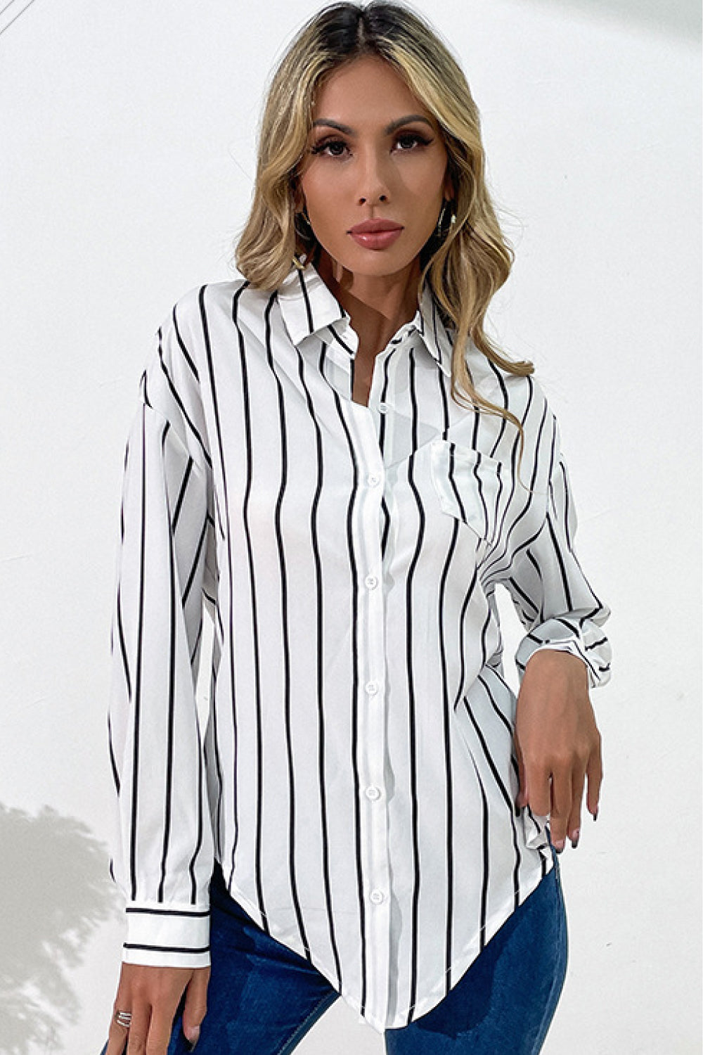 Vertical Stripes Button Down Shirt-Teresa&#39;s Fashionista LLC