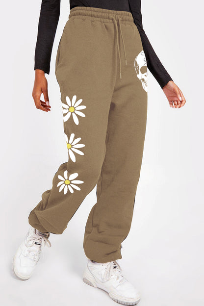 Simply Love Simply Love Full Size Drawstring Flower & Skull Graphic Long Sweatpants-Teresa&#39;s Fashionista LLC