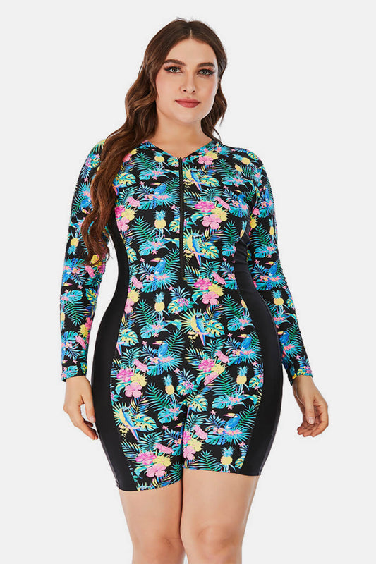 Plus Size Floral Zip Up Long Sleeve Short Wetsuit-Teresa&#39;s Fashionista LLC