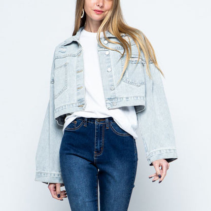 Cropped Collared Neck Dropped Shoulder Denim Jacket-Teresa&#39;s Fashionista LLC