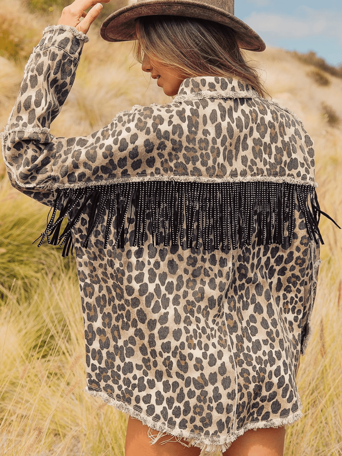 Leopard Fringe Detail Collared Neck Denim Jacket-Teresa&#39;s Fashionista LLC