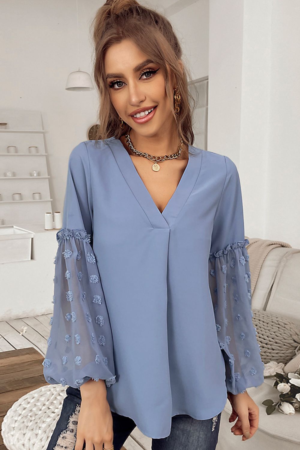 Swiss Dot Balloon Sleeve V-Neck Blouse-Teresa&#39;s Fashionista LLC