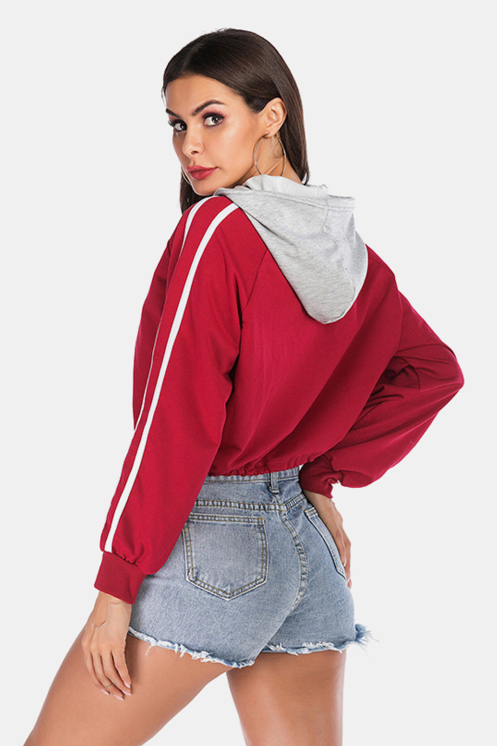 Full Size Side Stripe Drawstring Hem Cropped Hoodie-Teresa&#39;s Fashionista LLC