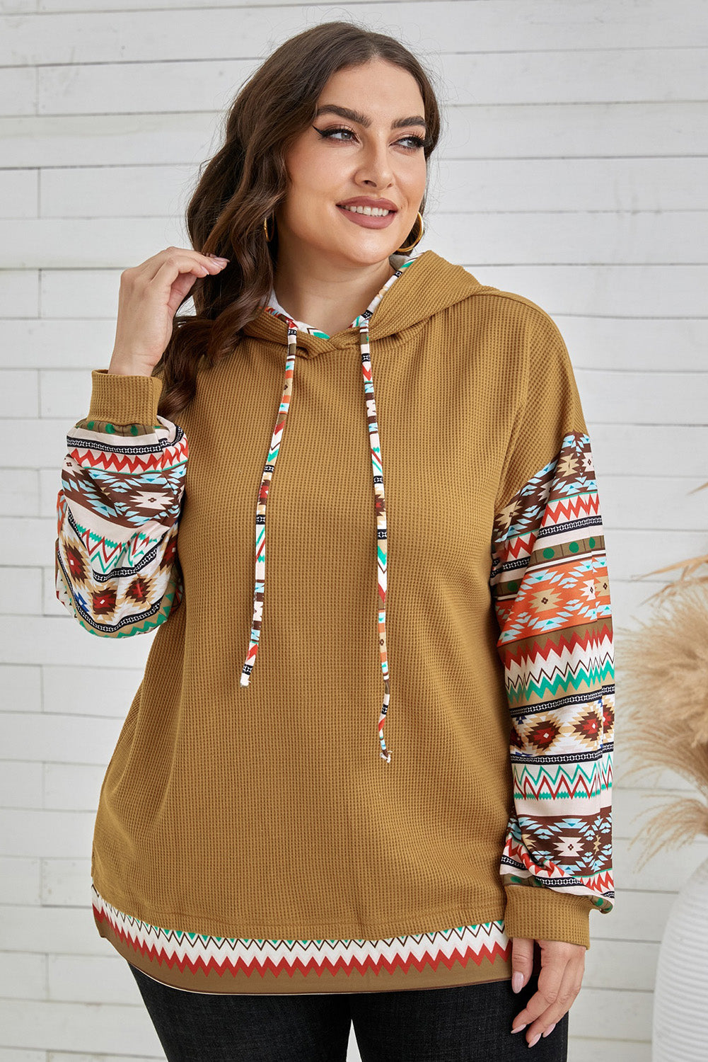 Plus Size Printed Side Slit Waffle-Knit Hoodie-Teresa&#39;s Fashionista LLC