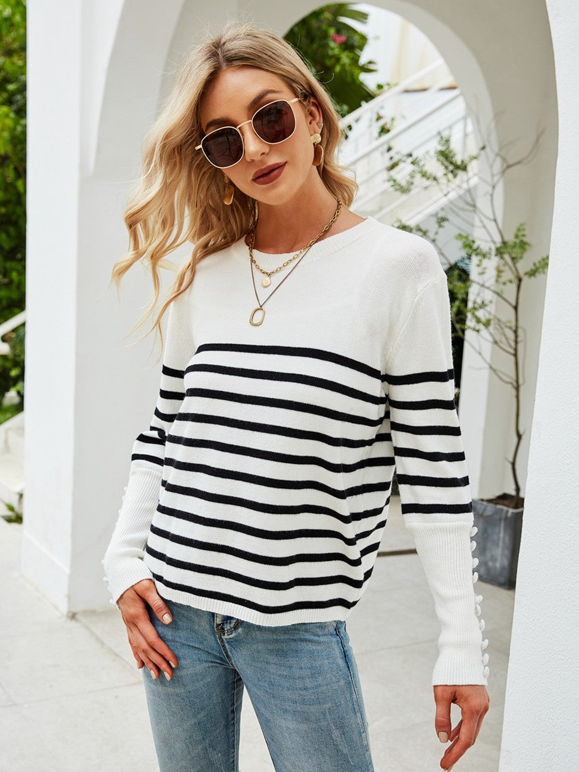 Striped Decorative Button Knit Top-Teresa&#39;s Fashionista LLC