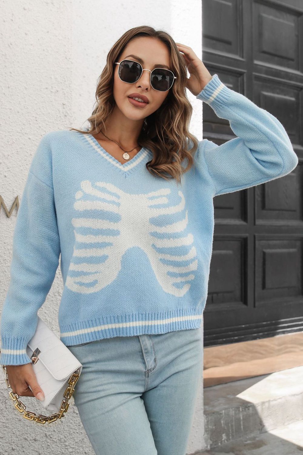 Skeleton Pattern V-Neck Long Sleeve Pullover Sweater-Teresa&#39;s Fashionista LLC