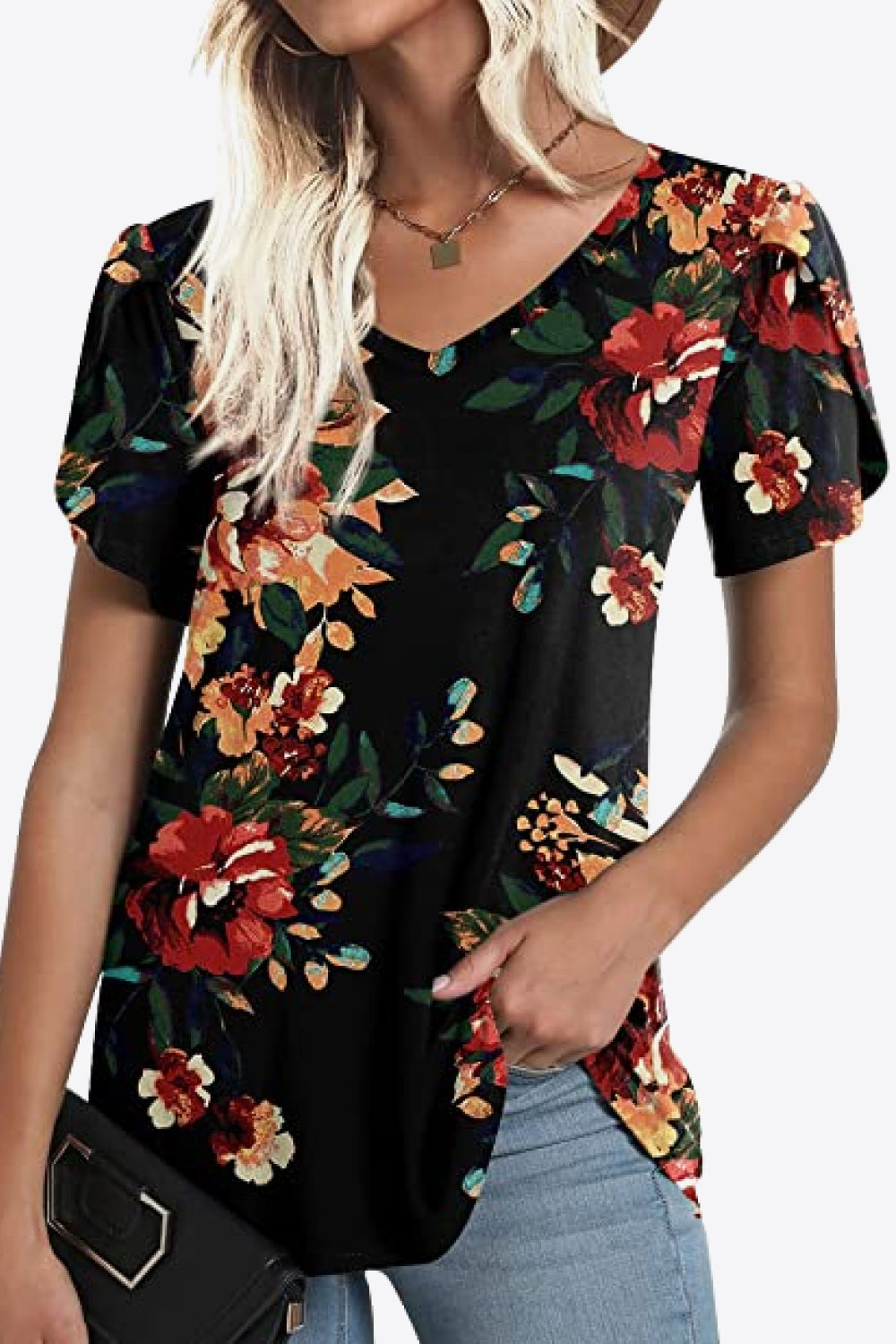 Printed Petal Sleeve V-Neck Blouse-Teresa&#39;s Fashionista LLC