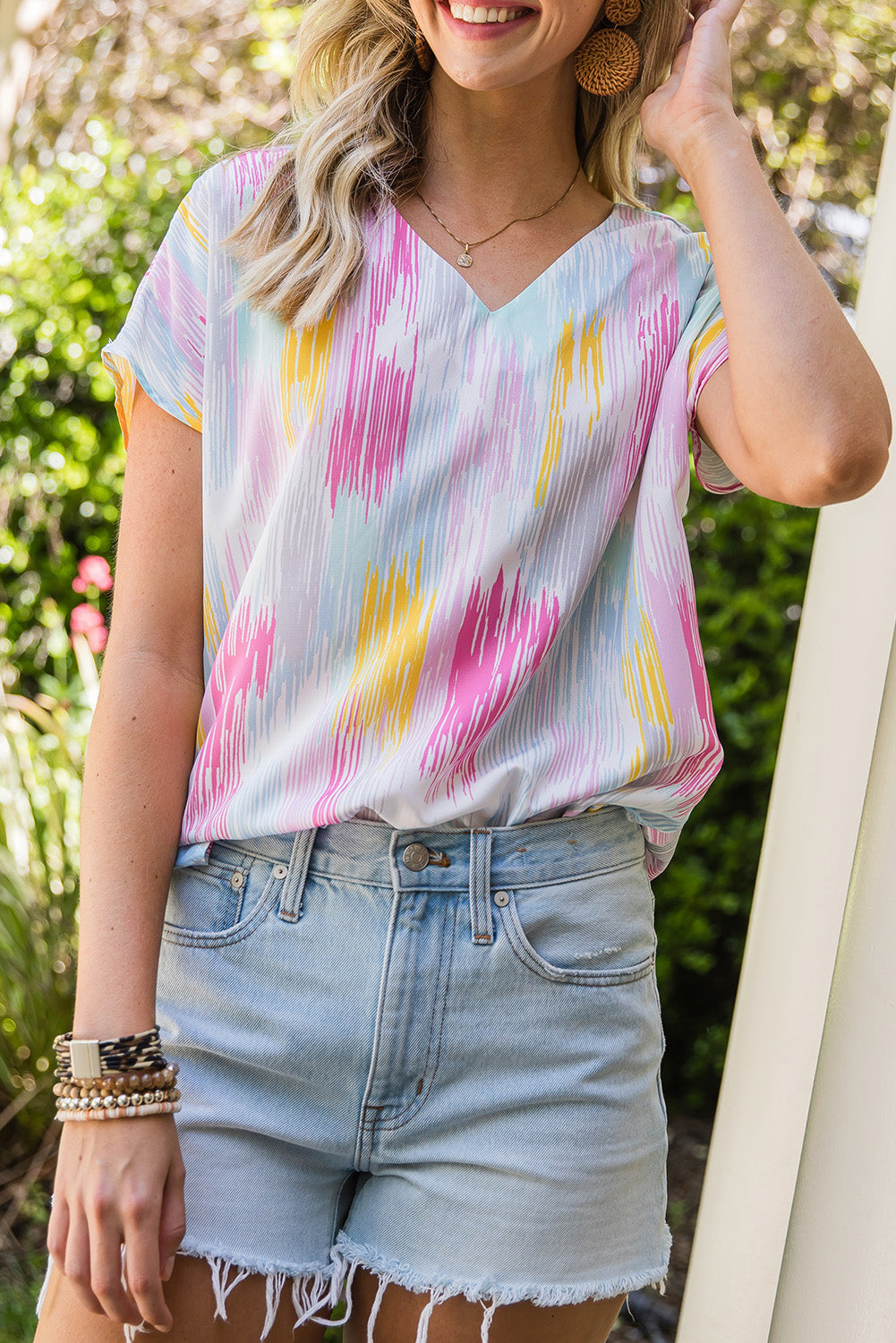 High-Low V-Neck Short Sleeve Blouse-Teresa&#39;s Fashionista LLC