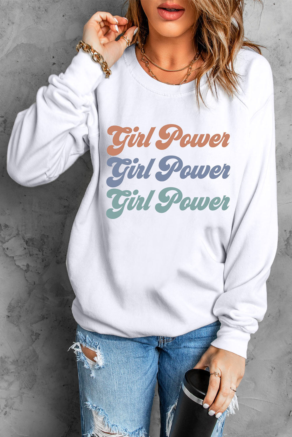 GIRL POWER Graphic Dropped Shoulder Sweatshirt-Teresa&#39;s Fashionista LLC