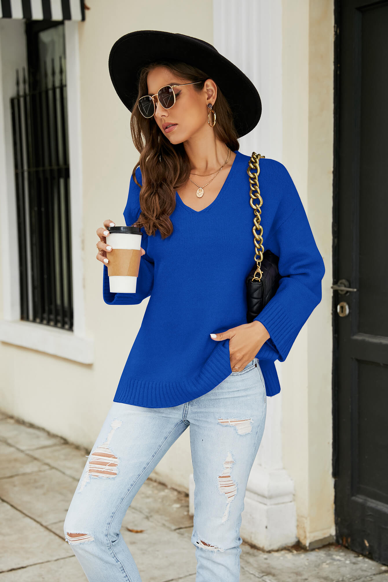 Drop Shoulder V-Neck Knit Pullover-Teresa&#39;s Fashionista LLC