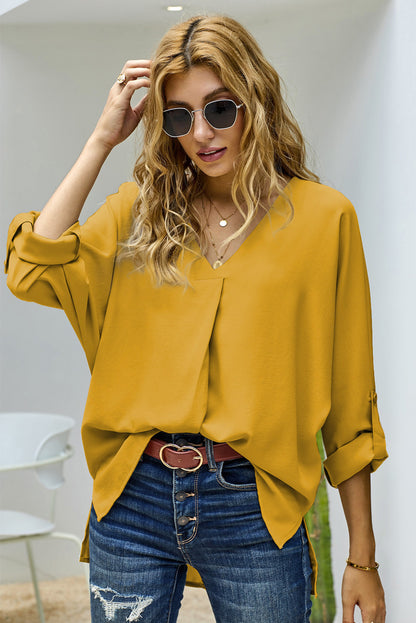 V-Neck Roll-Tab Sleeve Blouse-Teresa&#39;s Fashionista LLC