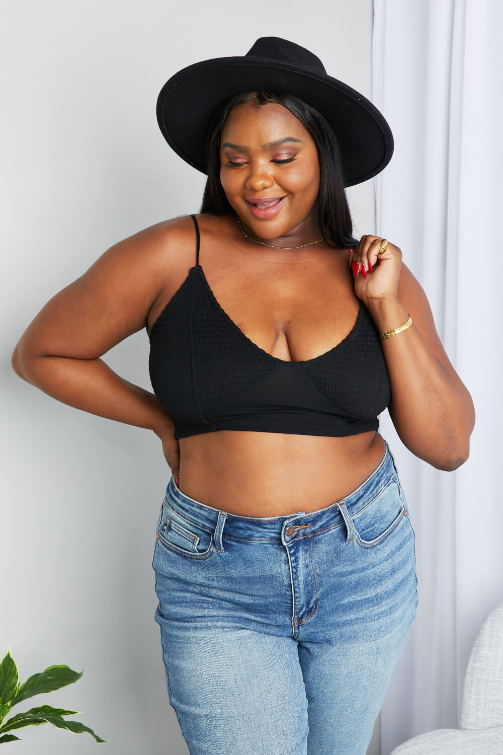 Zenana Full Size Textured Spaghetti Strap Bralette in Black-Teresa&#39;s Fashionista LLC