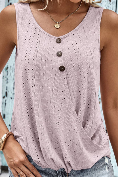 Decorative Button Hem Detail Eyelet Tank-Teresa&#39;s Fashionista LLC