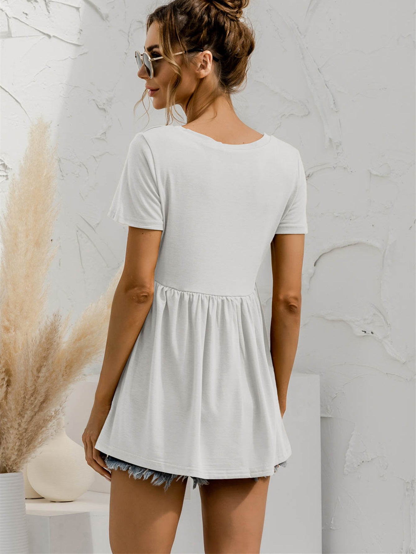 V-Neck Short Sleeve Babydoll Top-Teresa&#39;s Fashionista LLC