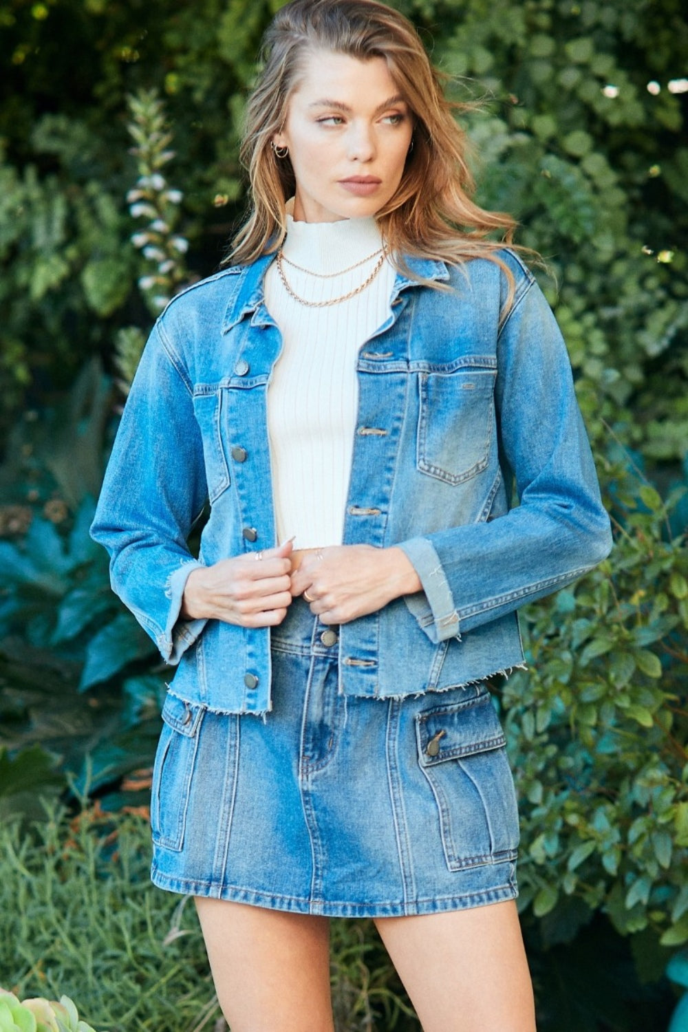 Veveret Button Up Raw Hem Denim Jacket-Teresa&#39;s Fashionista LLC