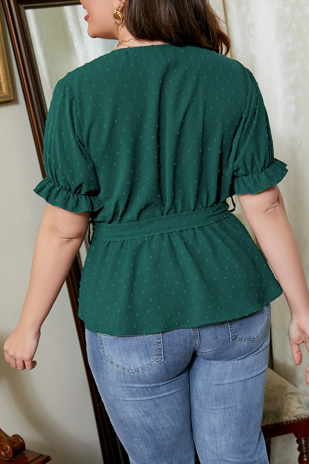 Plus Size Surplice Neck Tie Waist Blouse-Teresa&#39;s Fashionista LLC