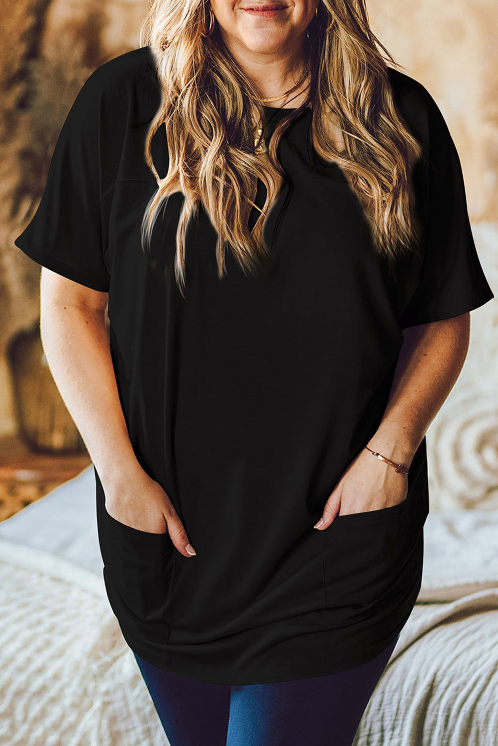 Round Neck Short Sleeve Top with Pockets-Teresa&#39;s Fashionista LLC