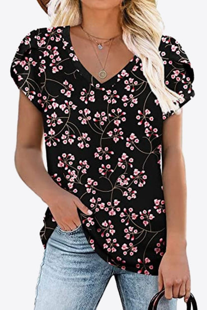 Printed Petal Sleeve V-Neck Blouse-Teresa&#39;s Fashionista LLC