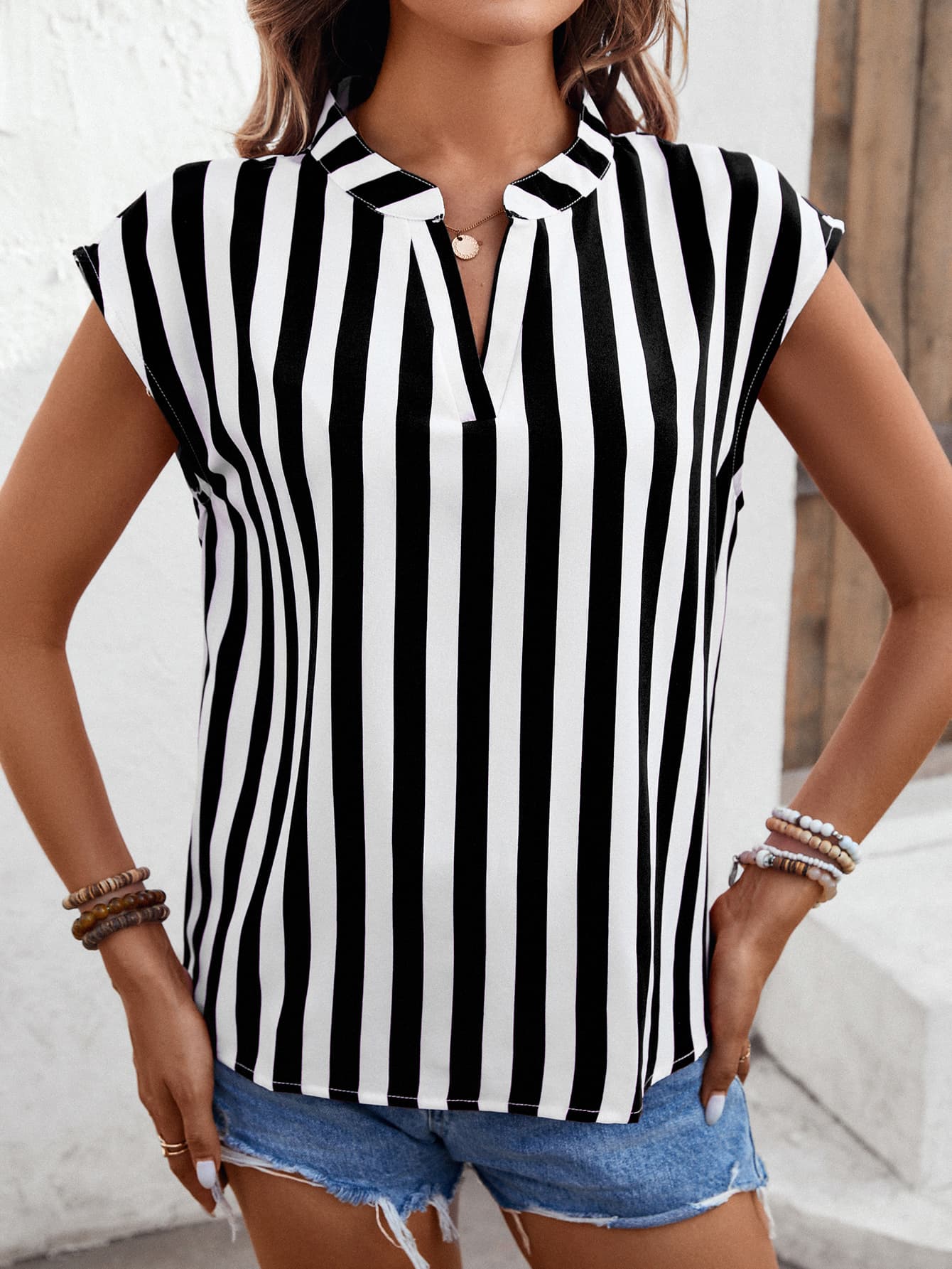 Striped Notched Neck Cap Sleeve Blouse-Teresa&#39;s Fashionista LLC