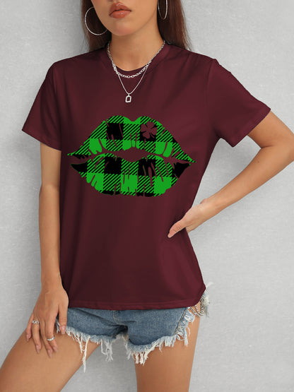 Plaid Lip Graphic Round Neck T-Shirt-Teresa&#39;s Fashionista LLC