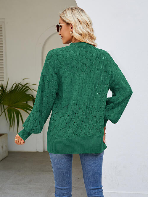 Openwork Open Front Lantern Sleeve Cardigan-Teresa&#39;s Fashionista LLC