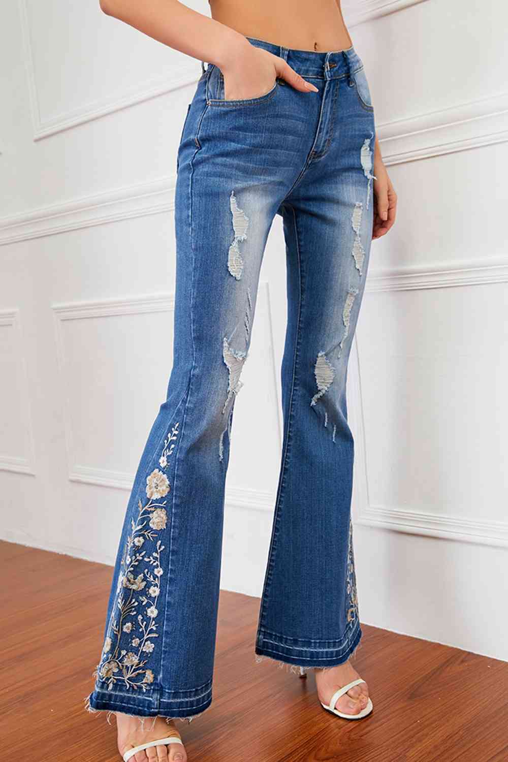 Full Size Flower Embroidery Distressed Jeans-Teresa&#39;s Fashionista LLC