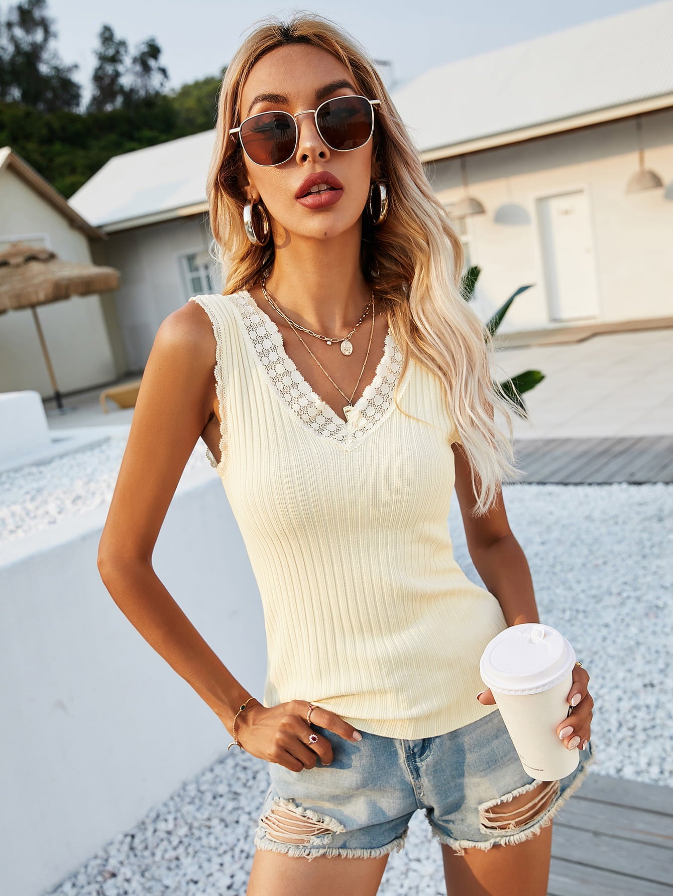 Lace Trim V-Neck Ribbed Knit Tank-Teresa&#39;s Fashionista LLC