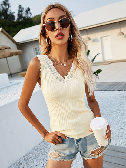 Lace Trim V-Neck Ribbed Knit Tank-Teresa&#39;s Fashionista LLC