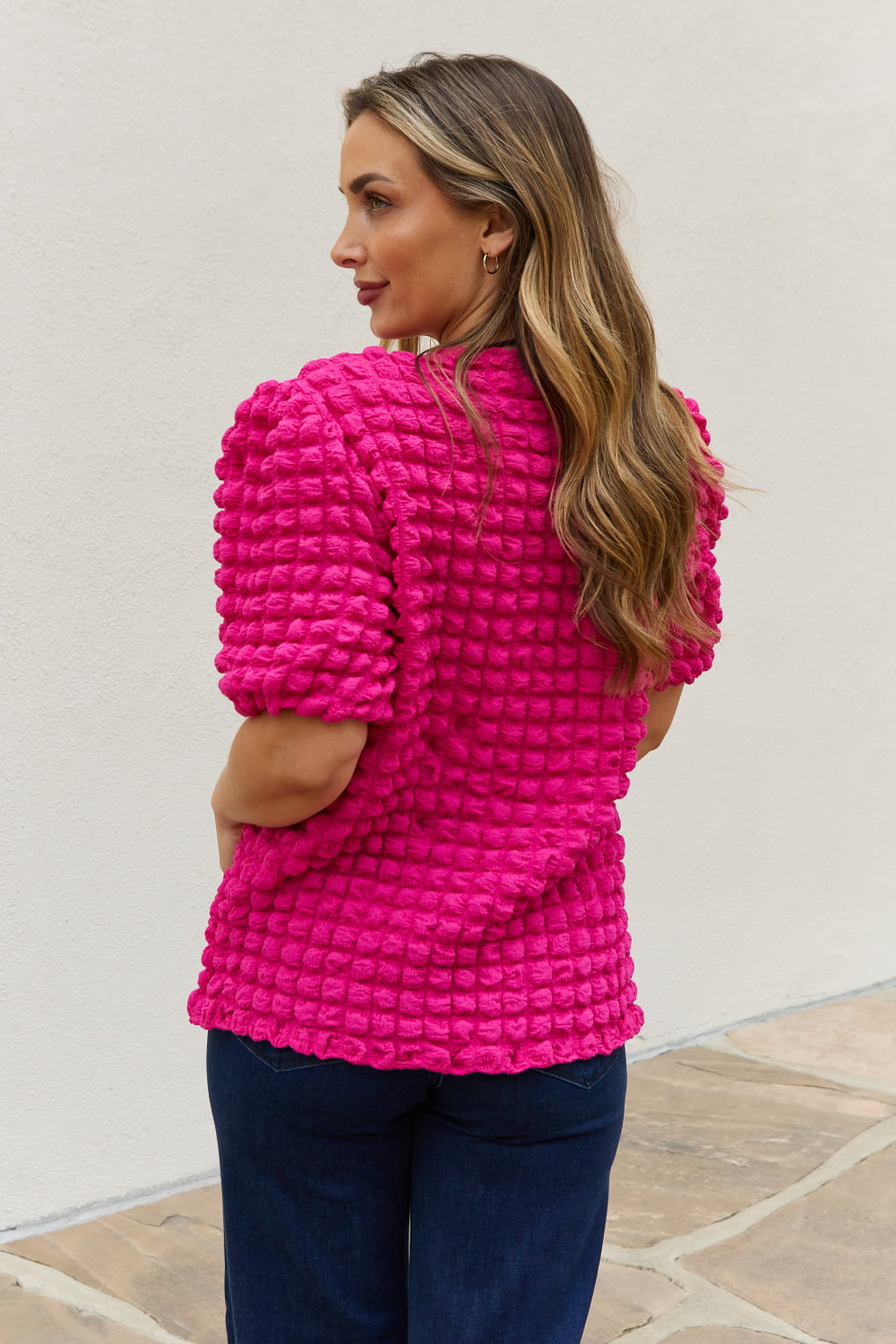 And The Why Full Size Bubble textured Puff Sleeve Top-Teresa&#39;s Fashionista LLC