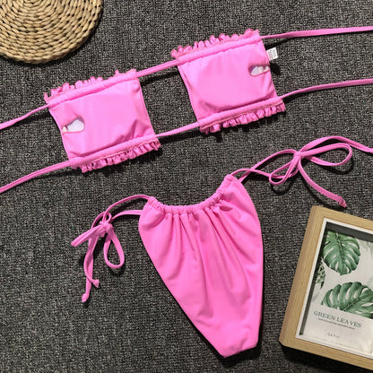 Frill Trim Ruched Bikini Set-Teresa&#39;s Fashionista LLC