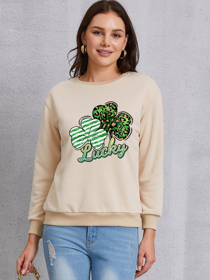 Lucky Clover Round Neck Dropped Shoulder Sweatshirt-Teresa&#39;s Fashionista LLC