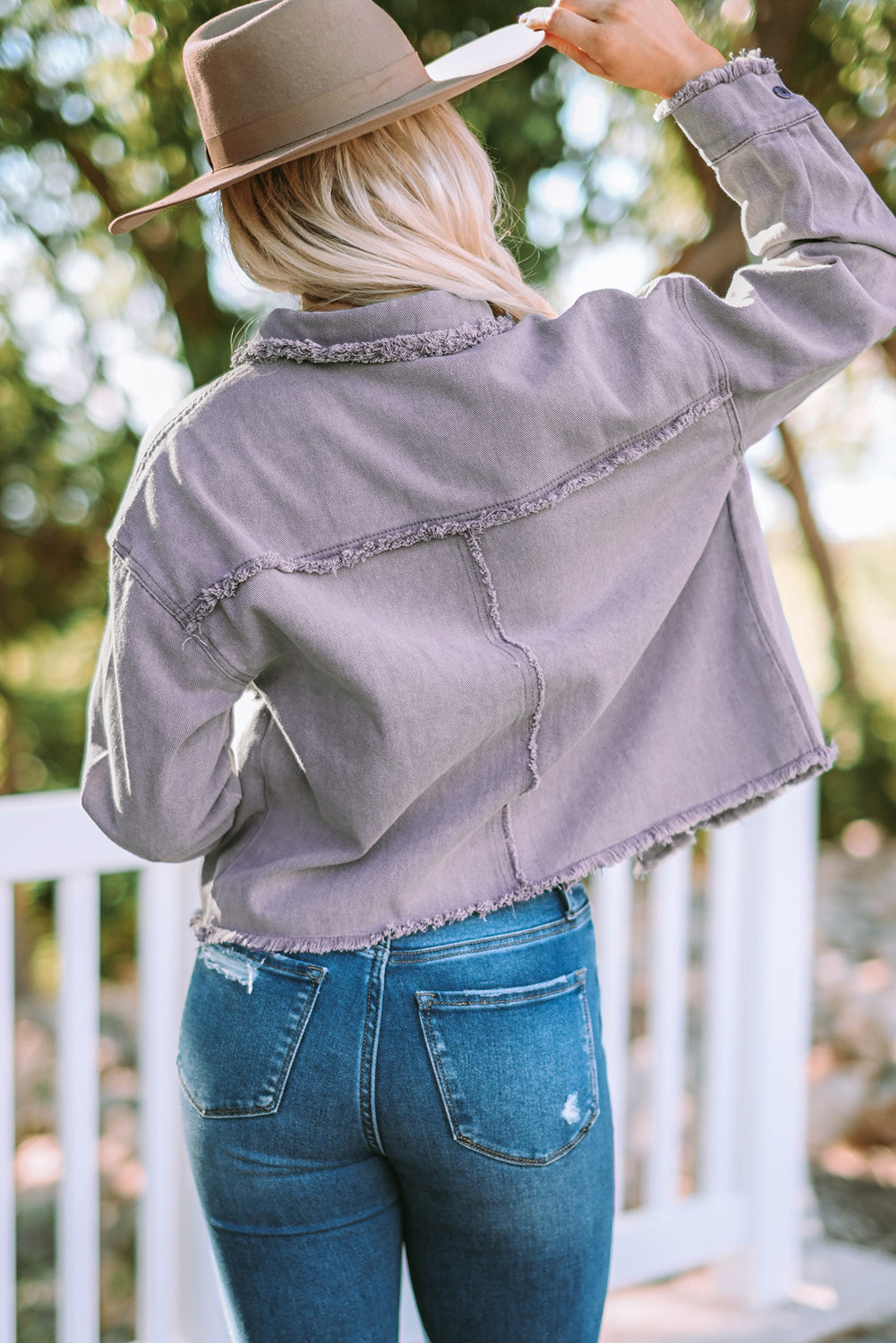 Frayed Trim Snap Down Denim Jacket-Teresa&#39;s Fashionista LLC