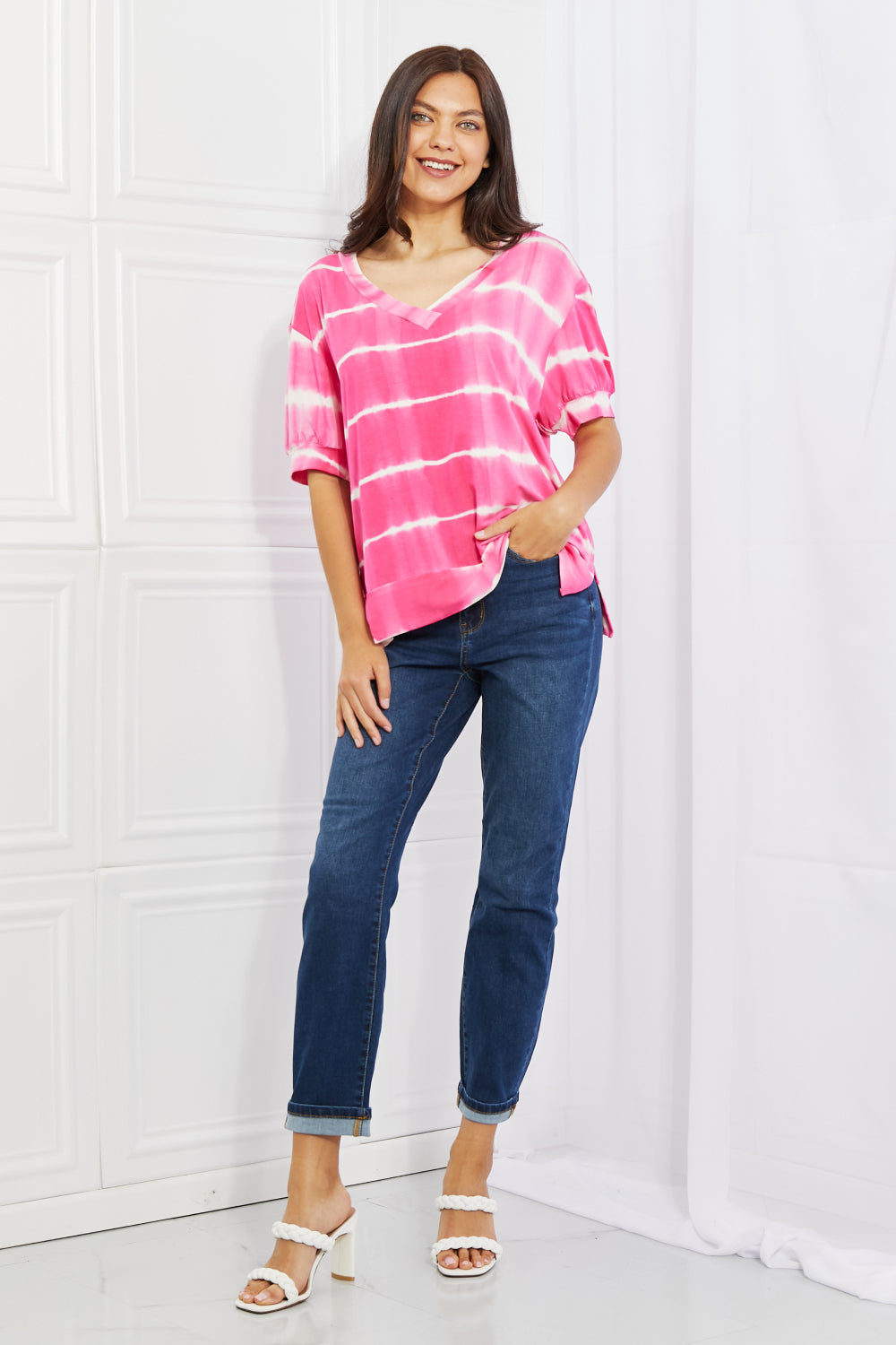 Yelete Full Size Oversized Fit V-Neck Striped Top-Teresa&#39;s Fashionista LLC