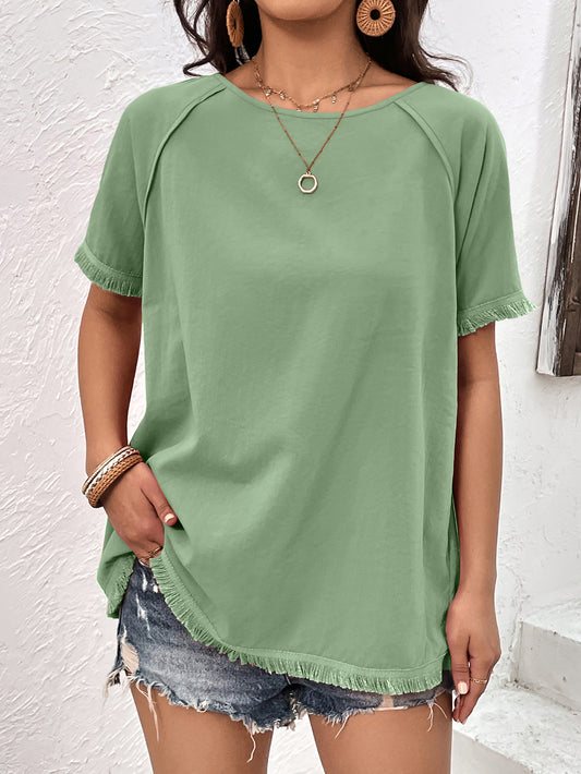 Round Neck Raglan Sleeve Fringe Detail Top-Teresa&#39;s Fashionista LLC