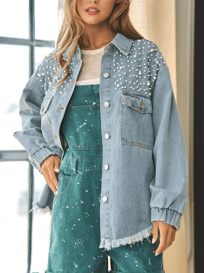 Collared Neck Raw Hem Dropped Shoulder Denim Jacket-Teresa&#39;s Fashionista LLC