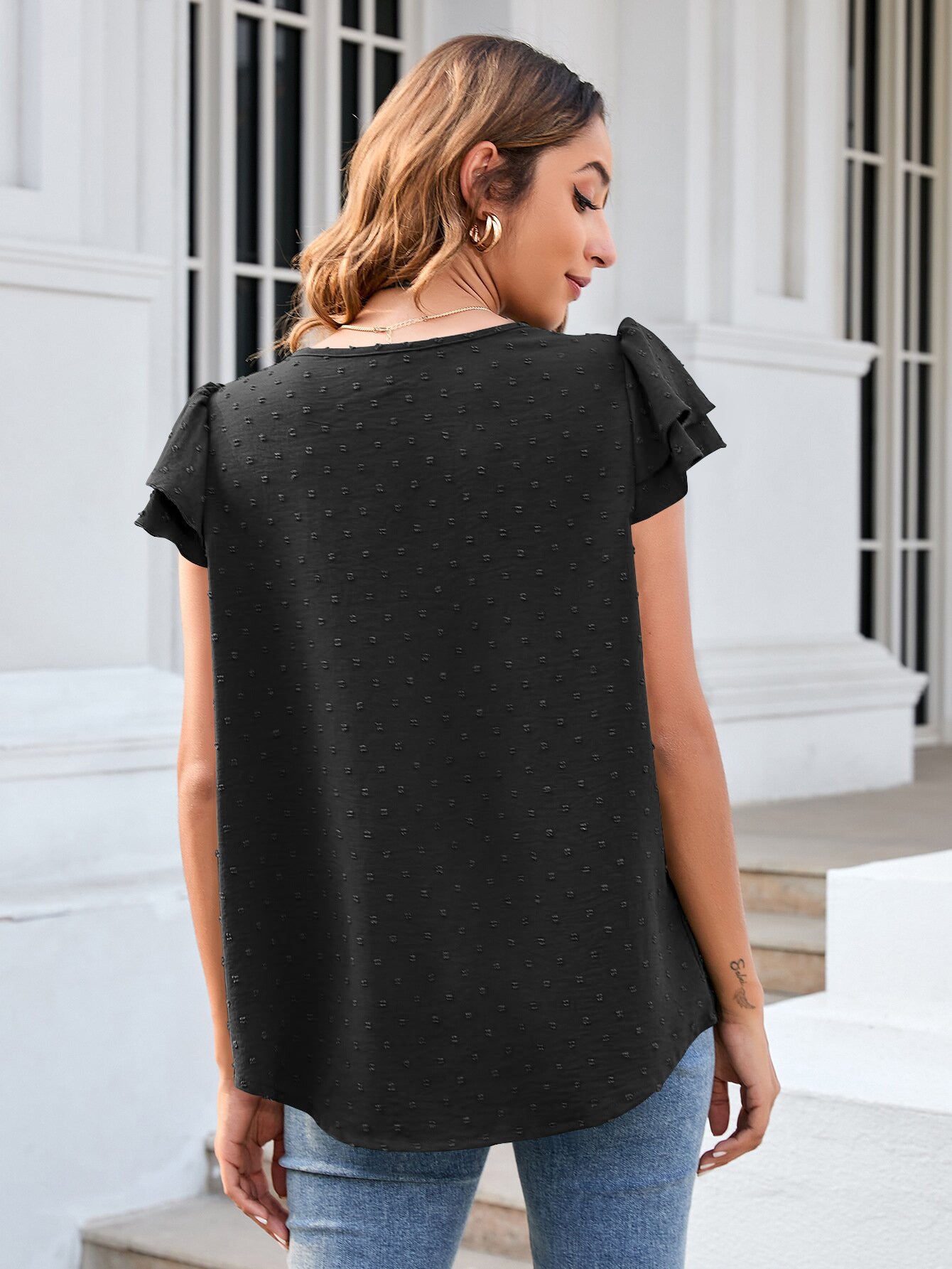 Swiss Dot Layered Flutter Sleeve Shirt-Teresa&#39;s Fashionista LLC