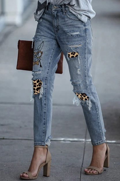 Easter Leopard Patch Bunny Graphic Jeans-Teresa&#39;s Fashionista LLC