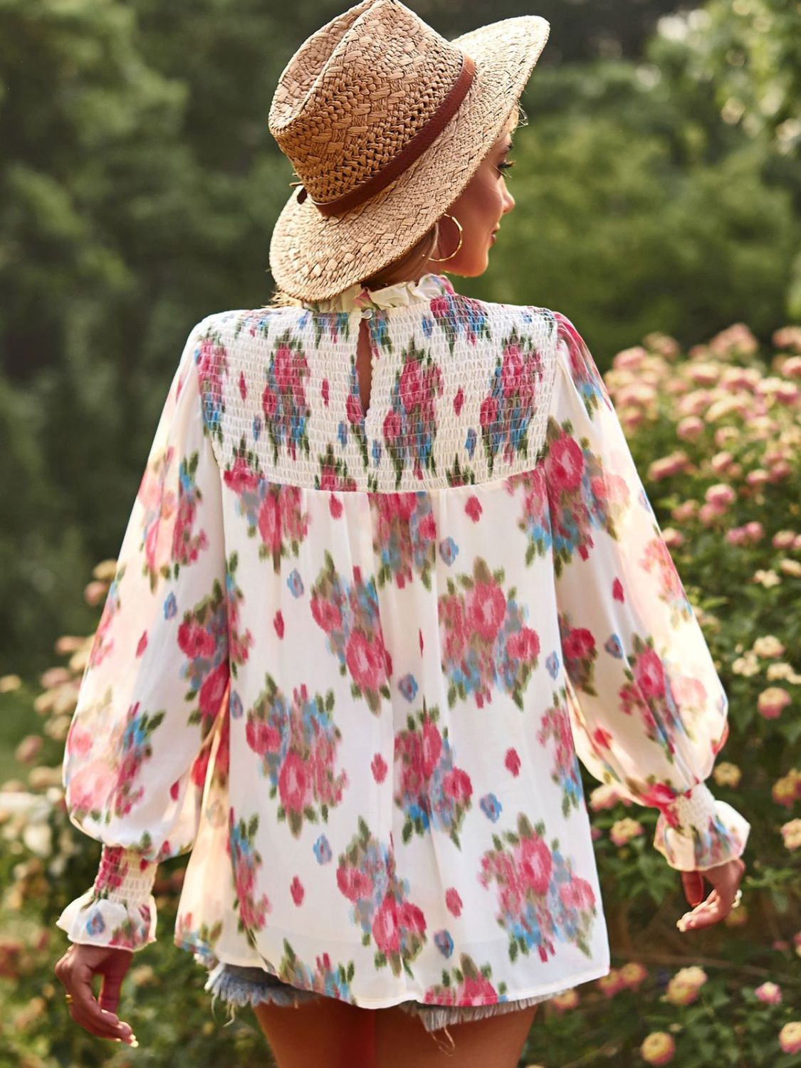 Floral Smocked Lantern Sleeve Blouse-Teresa&#39;s Fashionista LLC