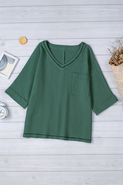 Textured V-Neck Half Sleeve Blouse-Teresa&#39;s Fashionista LLC