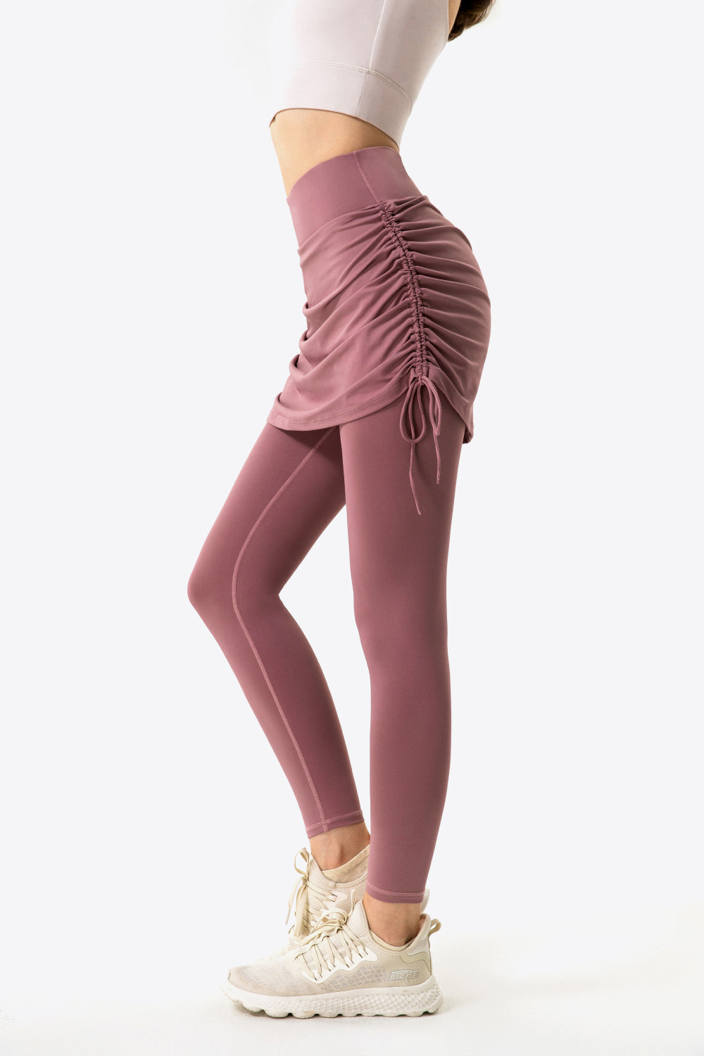 Drawstring Ruched Faux Layered Yoga Leggings-Teresa&#39;s Fashionista LLC