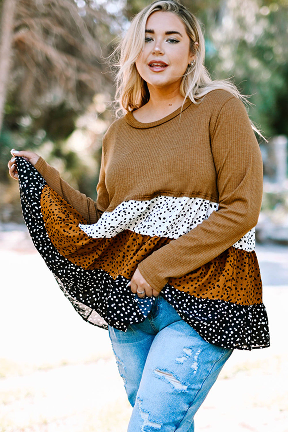 Plus Size Animal Print Color Block Ribbed Babydoll Top-Teresa&#39;s Fashionista LLC