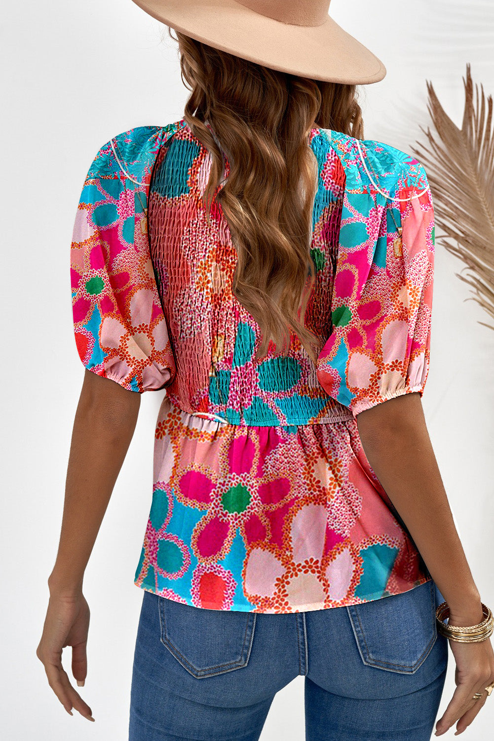 Printed V-Neck Babydoll Blouse-Teresa&#39;s Fashionista LLC