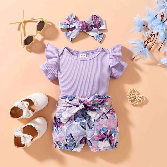 Ribbed Ruffle Shoulder Bodysuit and Butterfly Print Shorts Set-Teresa&#39;s Fashionista LLC